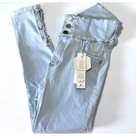 AREA‎ 7 Women's Light Blue Skinny Stretch Jeans with Braided Hem and Lift Effect - Picture 11 of 16